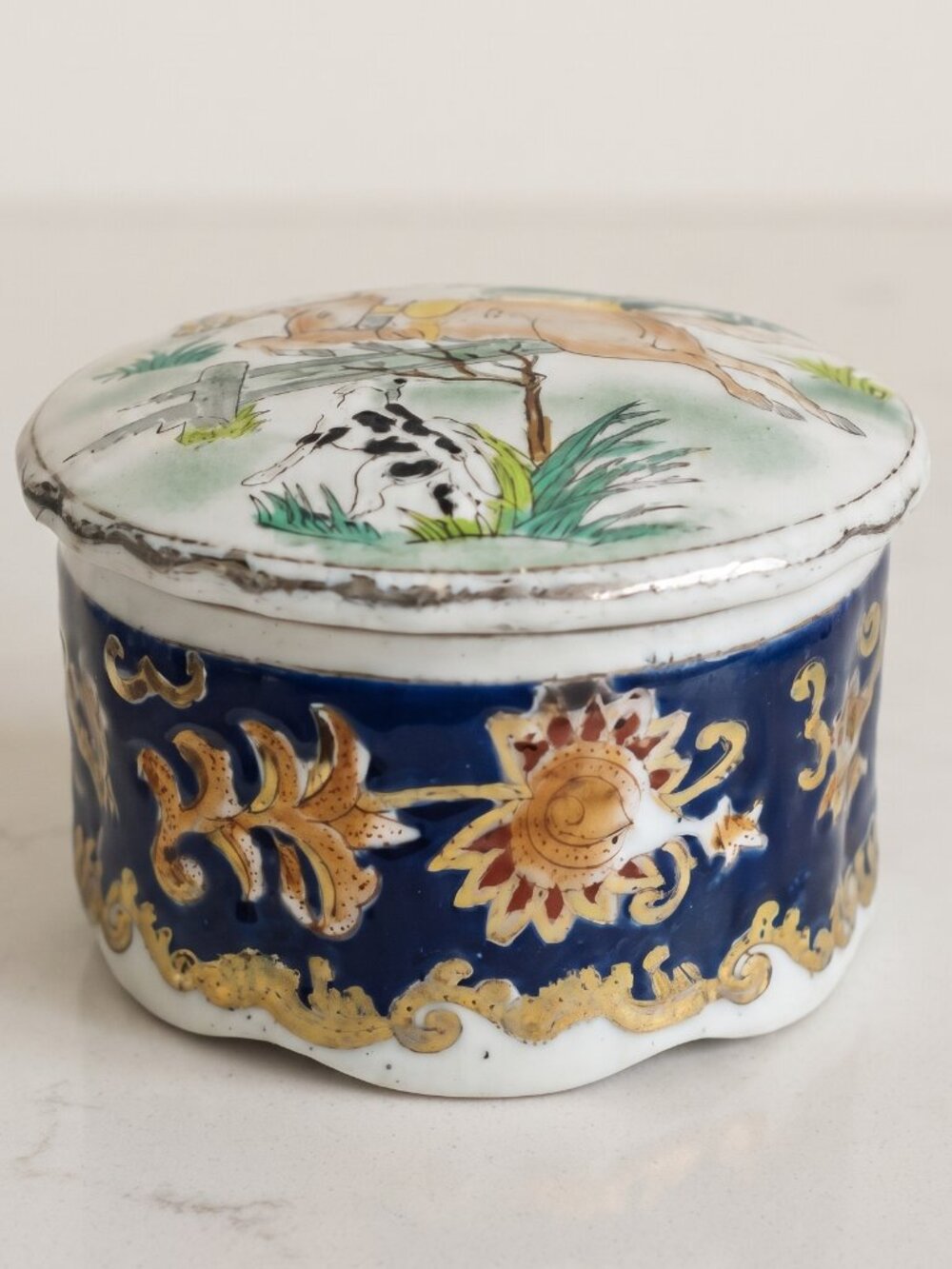 Vintage Hand-Painted Porcelain Trinket Box Equestrian Ranch Scene 4.5"